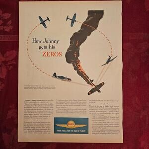 WWII Shell Aviation Fuel “How Johnny Gets His Zeros” Vintage Fighter Pilot Print